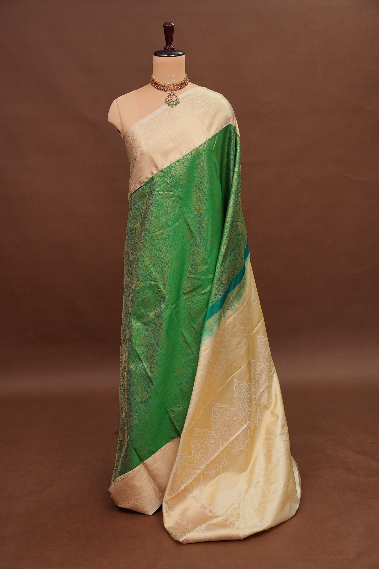 Kanchivaram Semi Silk Saree - Emerald Green with Ivory