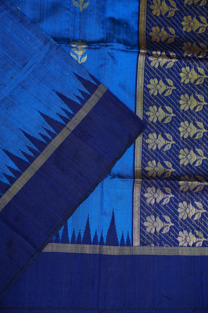 Pure Raw Silk Saree with Gold Buttas & Brocade Pallu – Blue and Navy