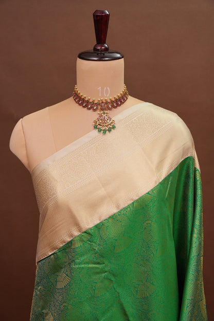 Kanchivaram Semi Silk Saree - Emerald Green with Ivory
