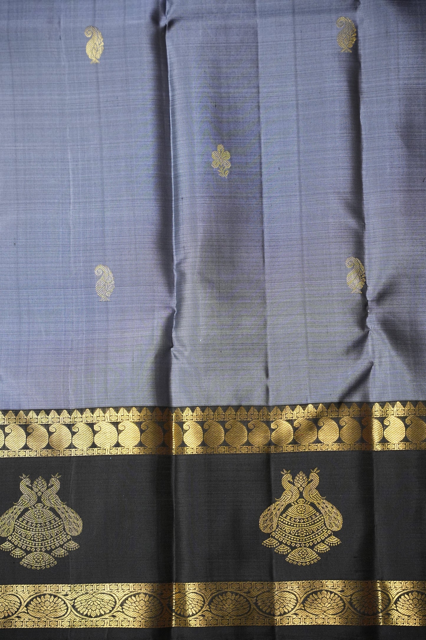 Grey & Black Pure Kanchipuram Silk Saree|Silk Mark Certified