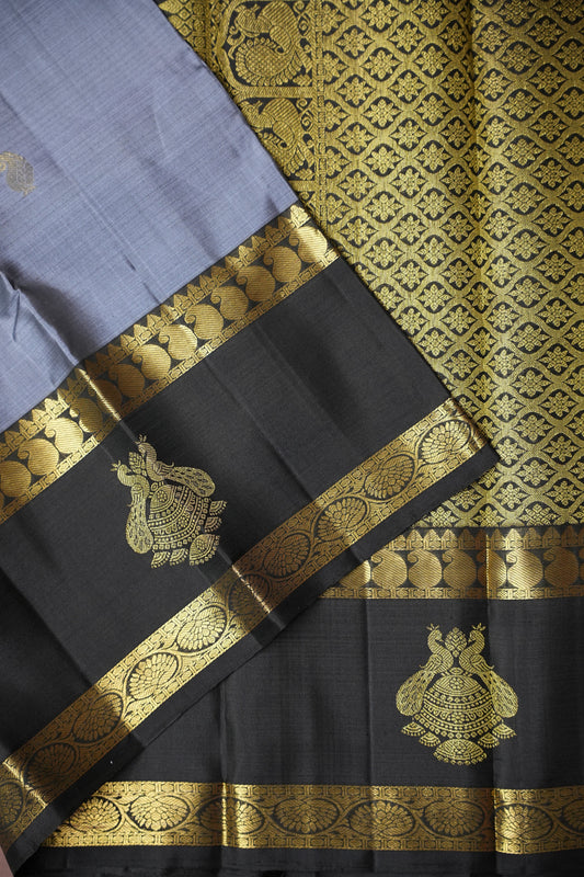 Grey & Black Pure Kanchipuram Silk Saree|Silk Mark Certified