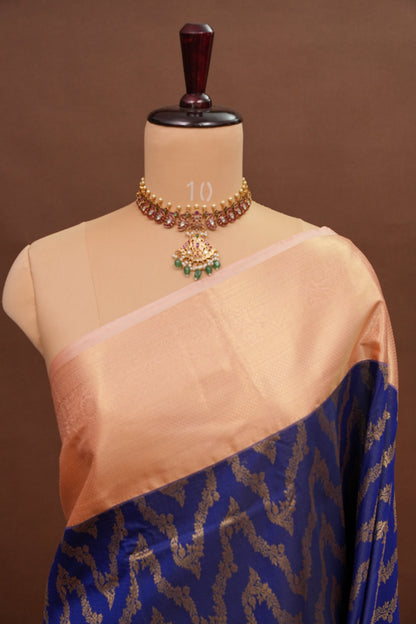 Kanchivaram Semi Silk Saree - Royal Blue with Baby Pink