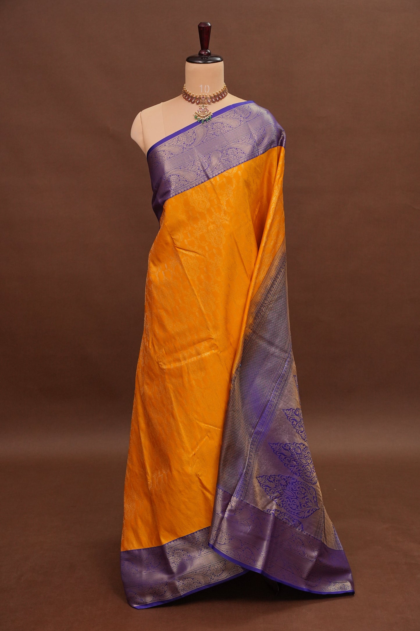 Kanchivaram Semi Silk Saree - Mustard Yellow with Royal Blue