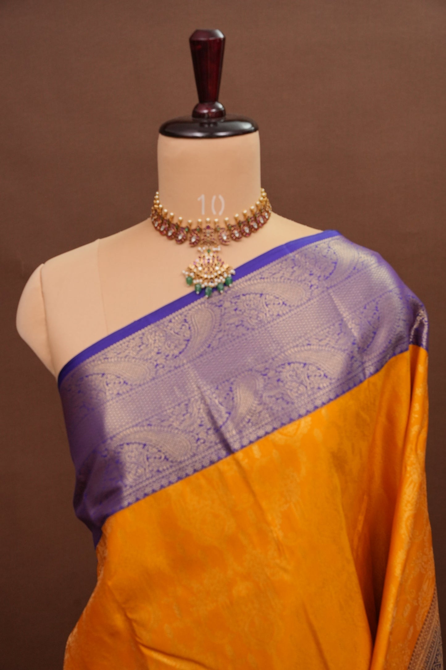 Kanchivaram Semi Silk Saree - Mustard Yellow with Royal Blue