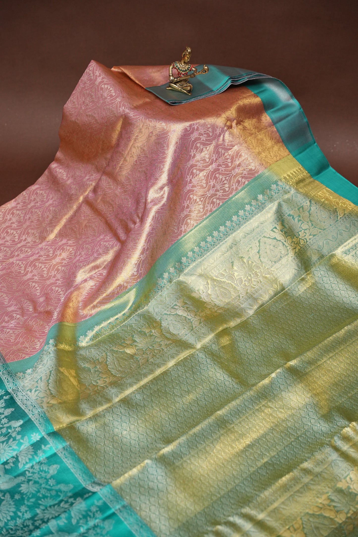 Pure Tissue Kanchipuram Silk Saree - Peachish Pink with Turquoise Green|Silk Mark Certified