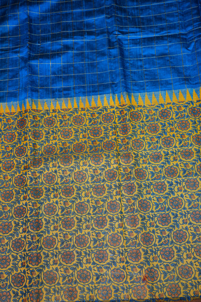Pure Raw Silk Saree with Gold Checks – Royal Blue & Mustard Yellow