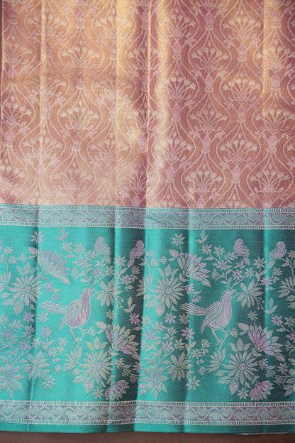 Pure Tissue Kanchipuram Silk Saree - Peachish Pink with Turquoise Green|Silk Mark Certified