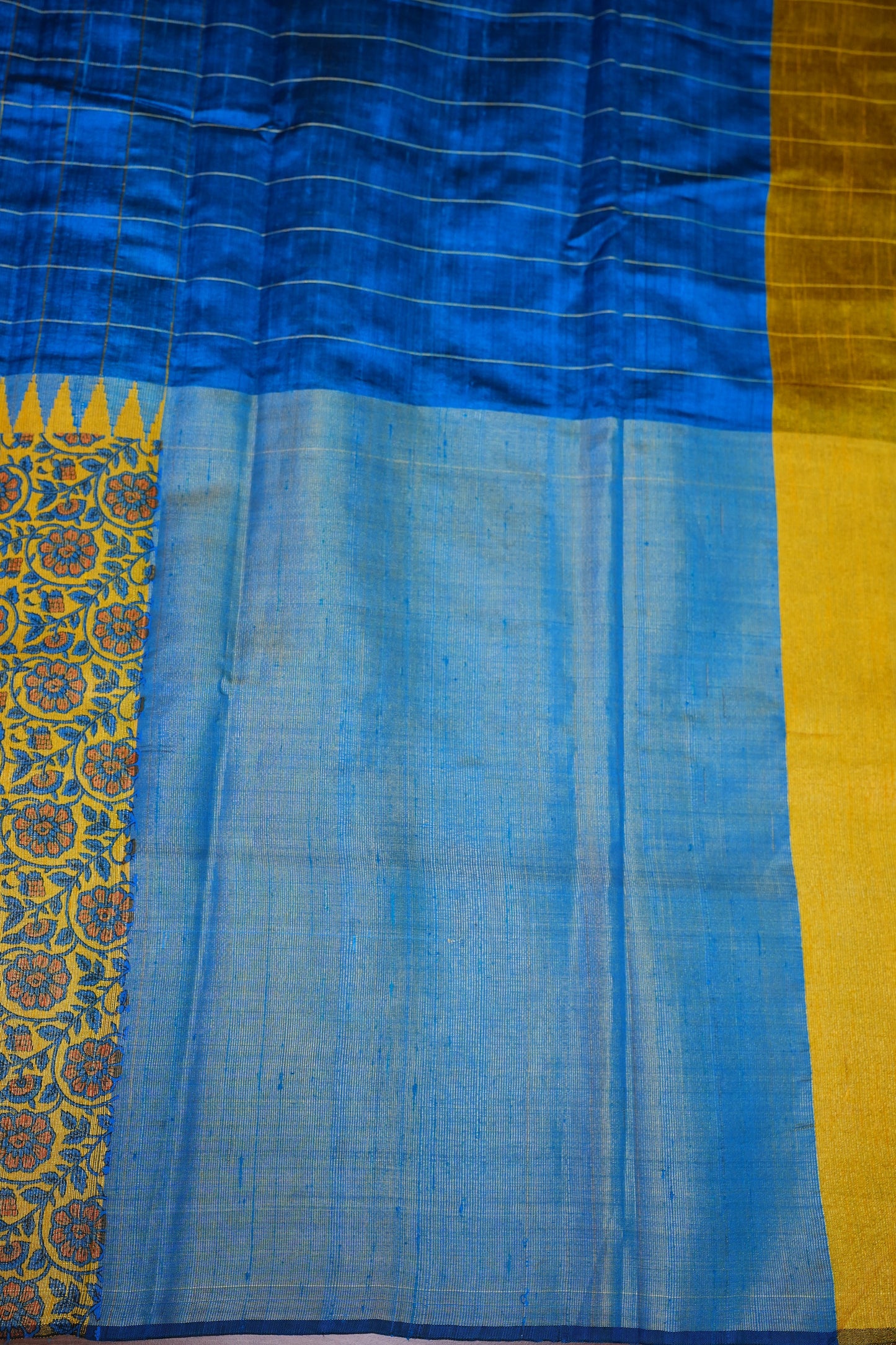 Pure Raw Silk Saree with Gold Checks – Royal Blue & Mustard Yellow