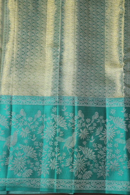 Pure Tissue Kanchipuram Silk Saree - Peachish Pink with Turquoise Green|Silk Mark Certified