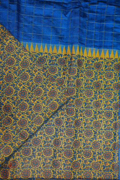 Pure Raw Silk Saree with Gold Checks – Royal Blue & Mustard Yellow