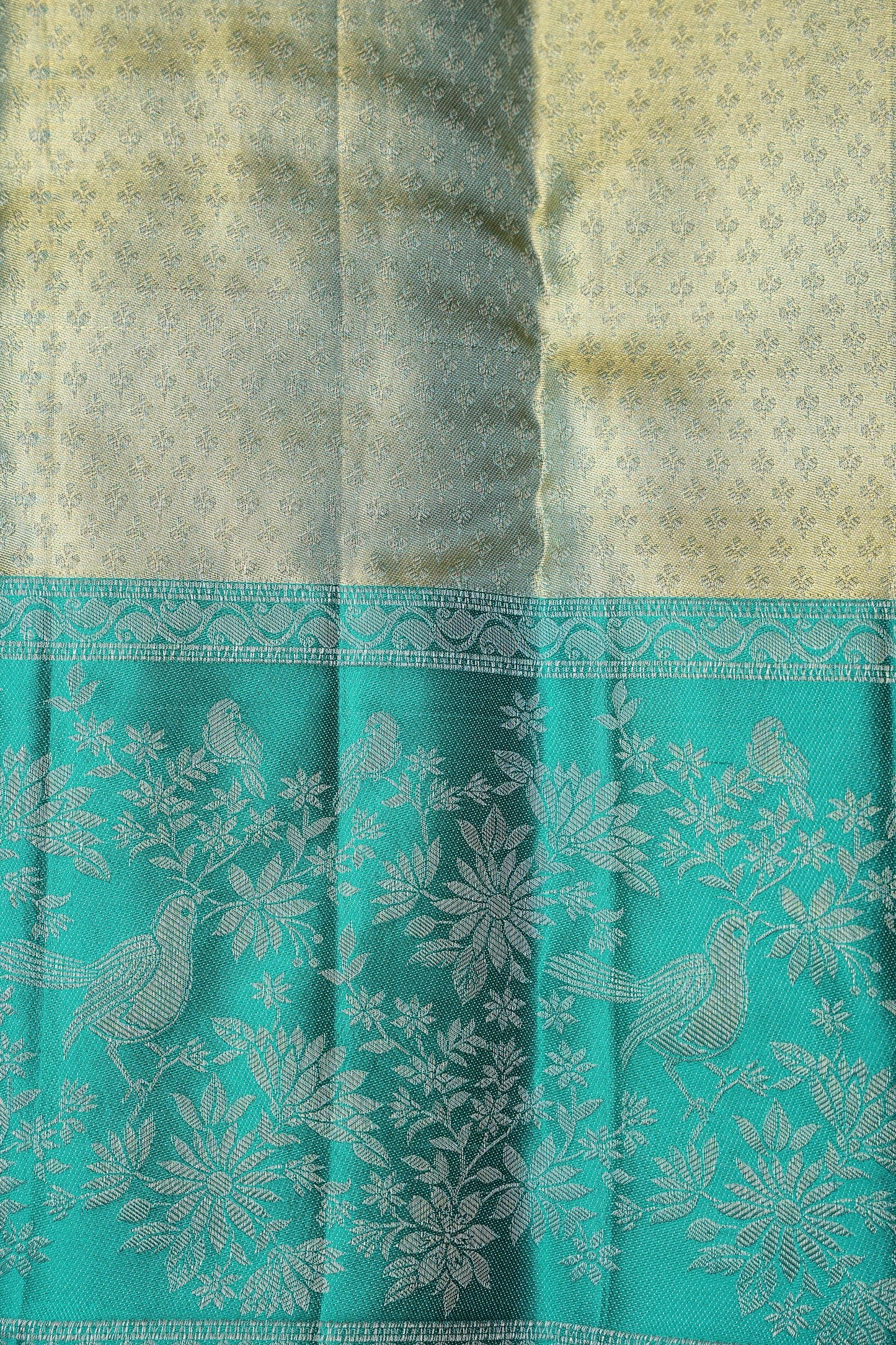 Pure Tissue Kanchipuram Silk Saree - Peachish Pink with Turquoise Green|Silk Mark Certified