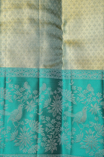 Pure Tissue Kanchipuram Silk Saree - Peachish Pink with Turquoise Green|Silk Mark Certified