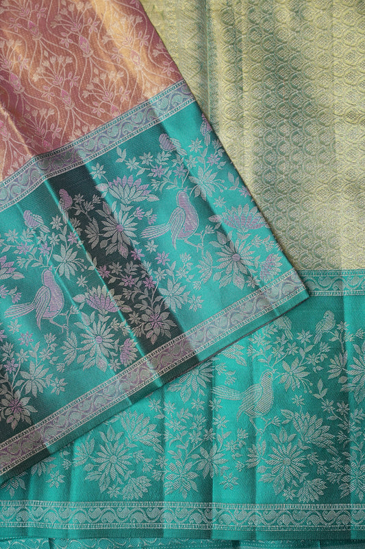 Pure Tissue Kanchipuram Silk Saree - Peachish Pink with Turquoise Green|Silk Mark Certified