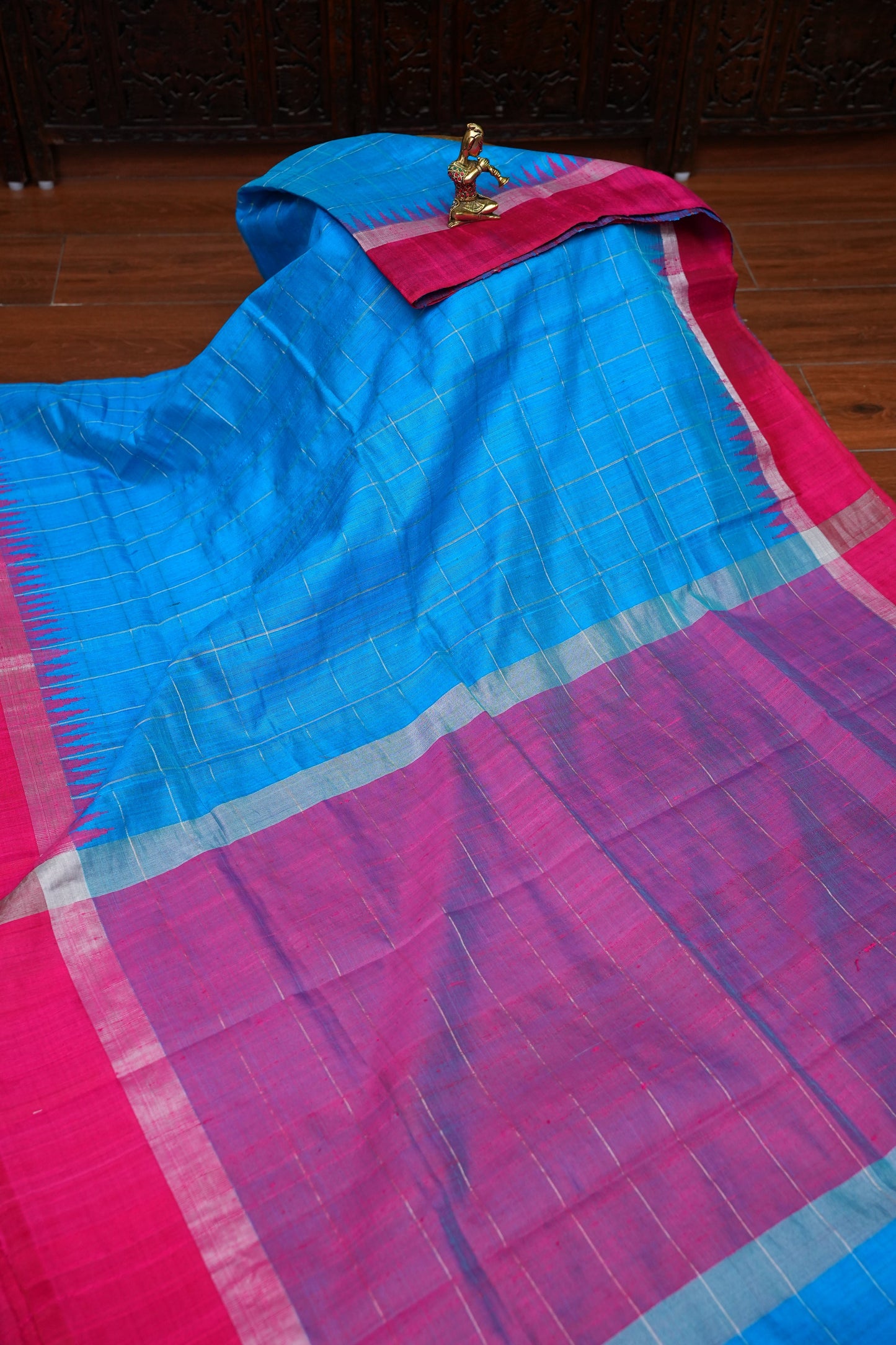 Pure Raw Silk Saree with Contrast Silver Zari Border – Sky Blue & Rani Pink