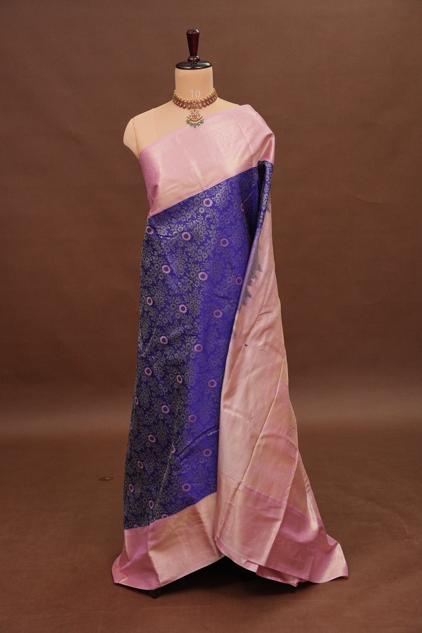 Kanchivaram Semi Silk Saree - Royal Blue with Baby Pink Border