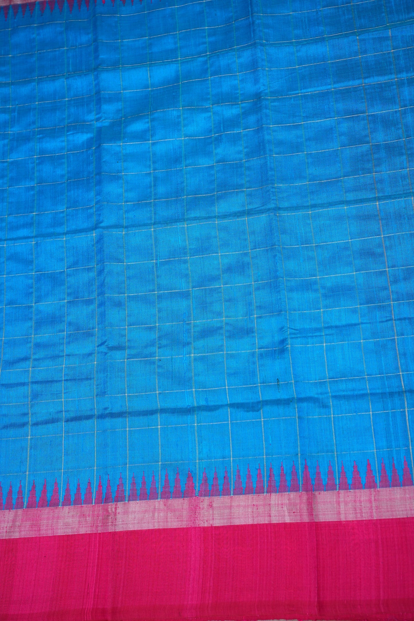 Pure Raw Silk Saree with Contrast Silver Zari Border – Sky Blue & Rani Pink
