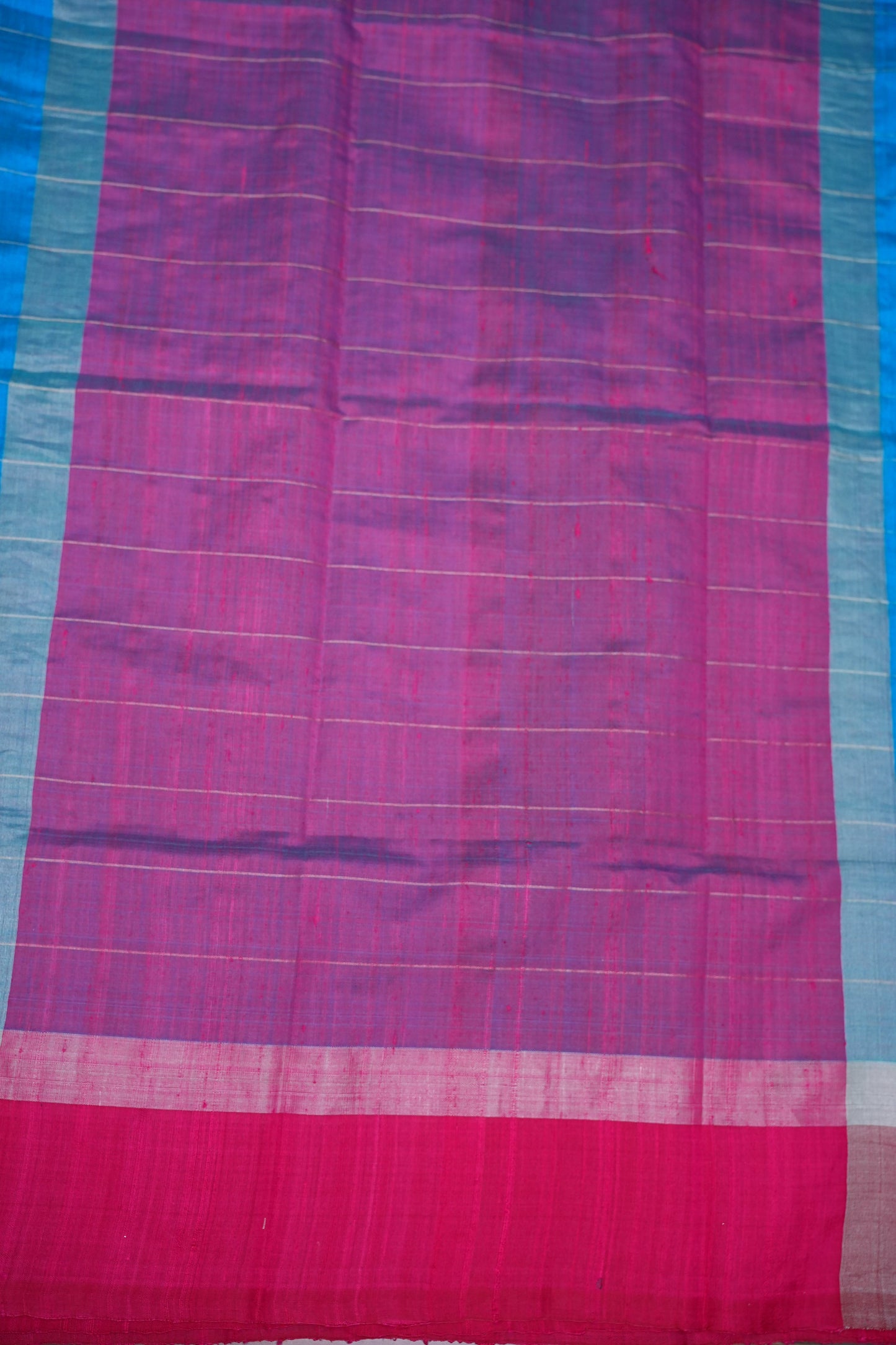 Pure Raw Silk Saree with Contrast Silver Zari Border – Sky Blue & Rani Pink