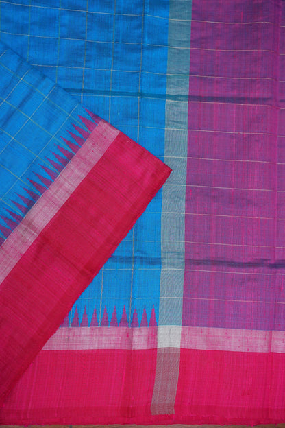 Pure Raw Silk Saree with Contrast Silver Zari Border – Sky Blue & Rani Pink