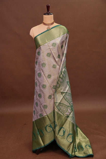 Champagne Gold Semi Silk Saree with Leaf Green Contrast Border & Pallu