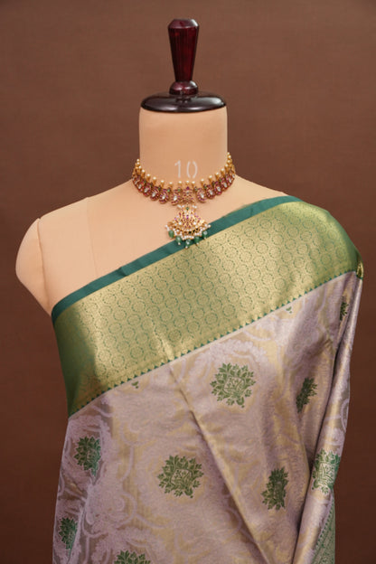Champagne Gold Semi Silk Saree with Leaf Green Contrast Border & Pallu
