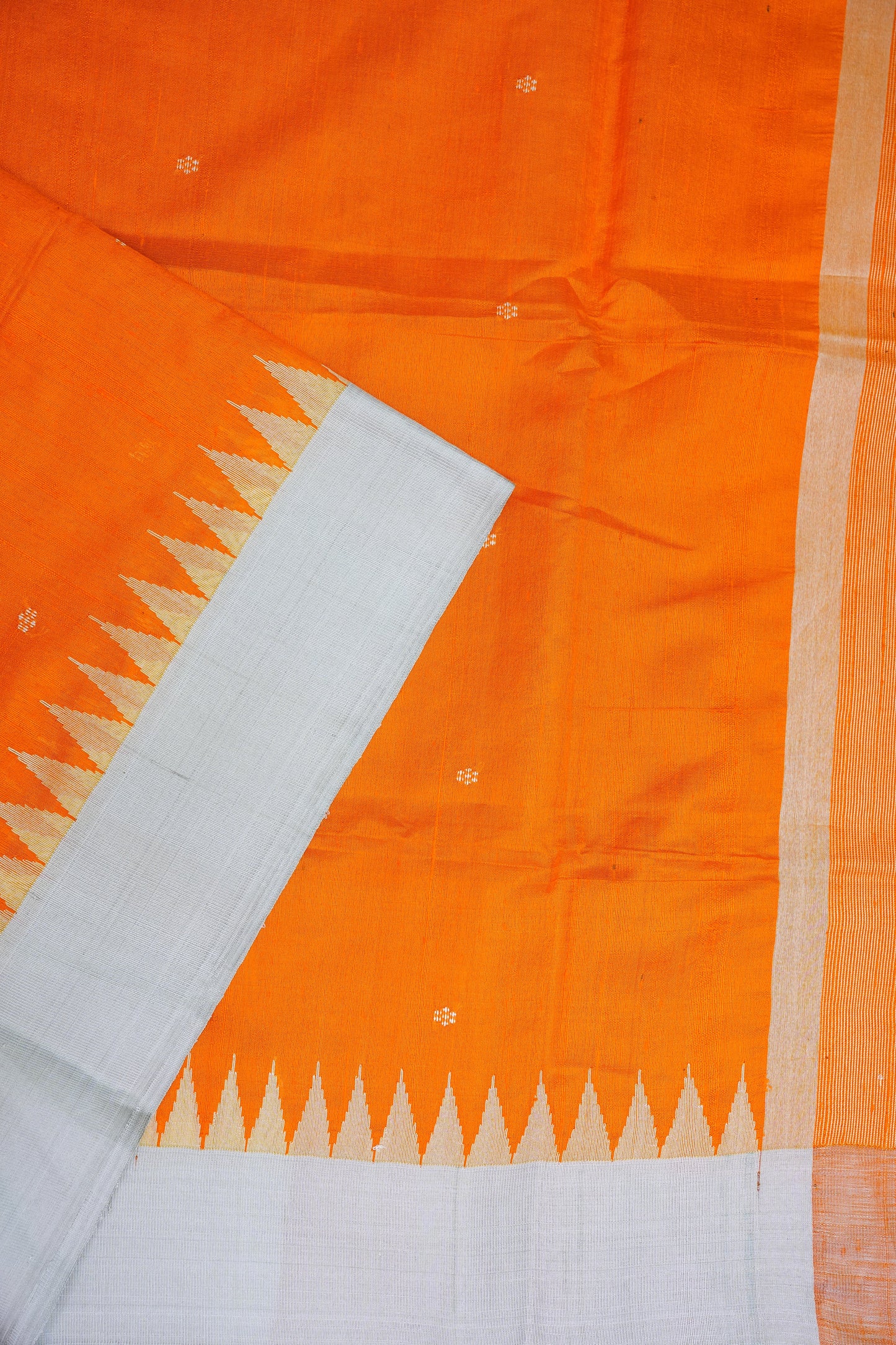 Pure Raw Silk Saree with Minimalist Silver Zari Border – Orange & White