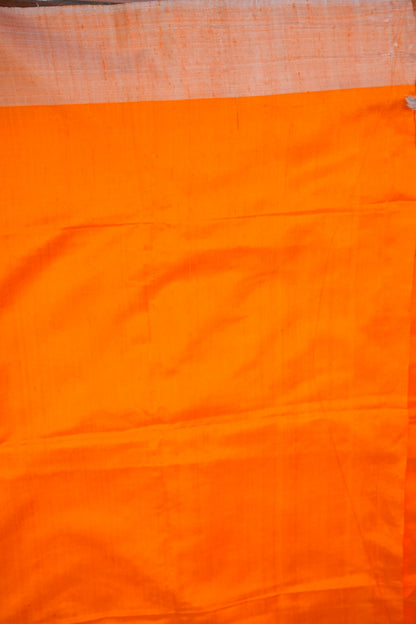 Pure Raw Silk Saree with Minimalist Silver Zari Border – Orange & White