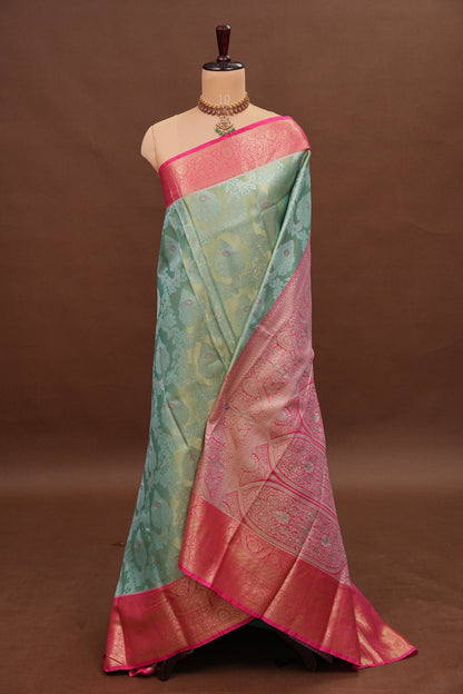 Mint Green Semi Silk Saree with Pink Zari Border