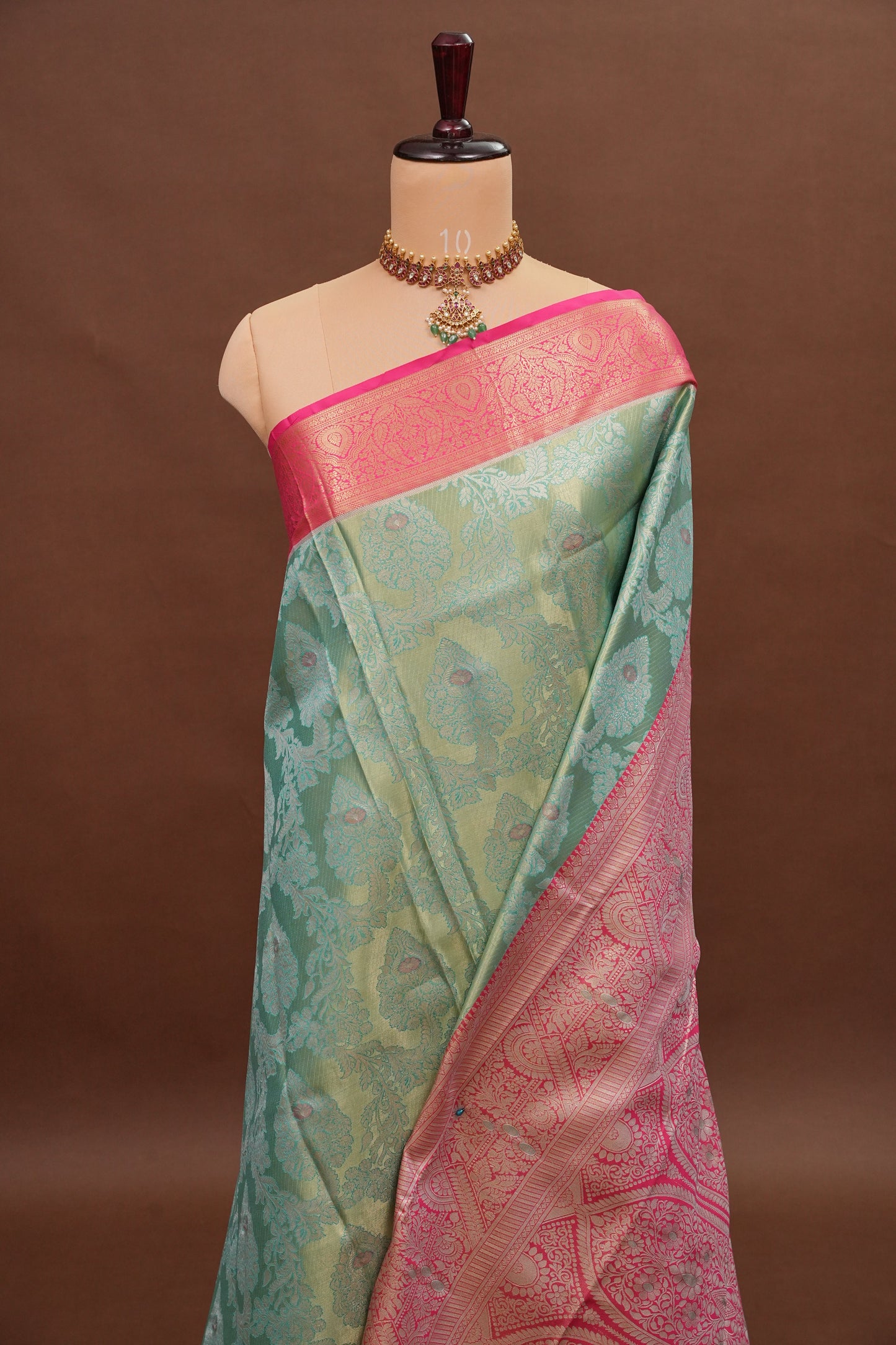 Mint Green Semi Silk Saree with Pink Zari Border