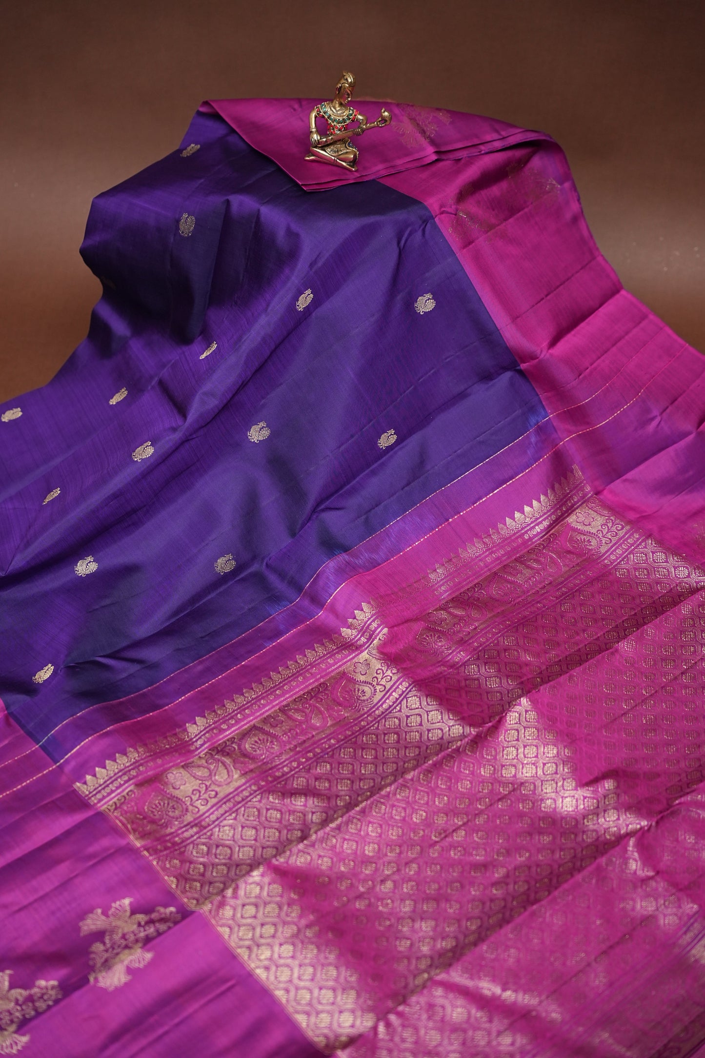 Pure Kanchipuram Silk Saree - Deep Purple With Pink Border| Silk Mark Certified
