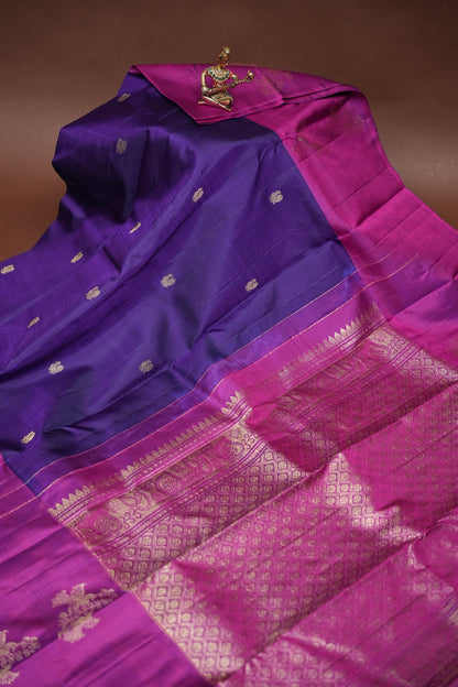 Pure Kanchipuram Silk Saree - Deep Purple With Pink Border| Silk Mark Certified