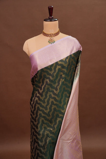 Kanchivaram Semi Silk Saree - Emerald Green with Baby Pink