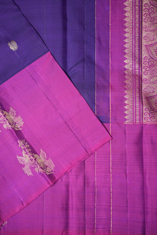 Pure Kanchipuram Silk Saree - Deep Purple With Pink Border| Silk Mark Certified