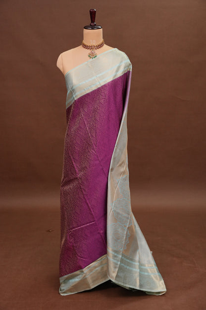 Kanchivaram Semi Silk Saree - Wine Floral with Aqua