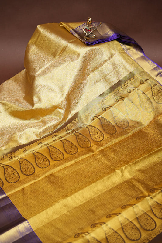 Geometric Pure Tissue Kanchipuram Silk Saree - Gold With Royal Purple & Gold Border| Silk Mark Certified