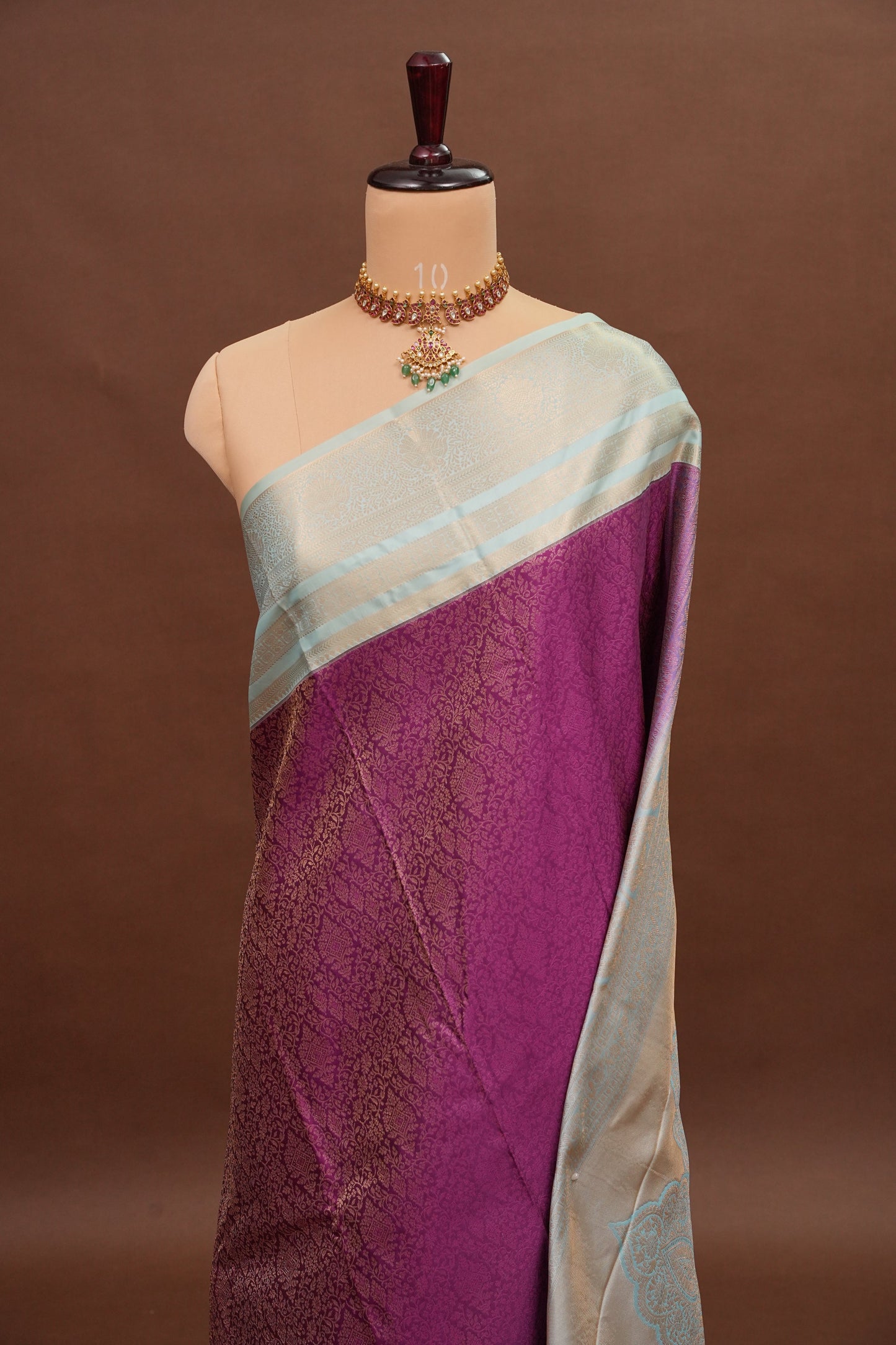 Kanchivaram Semi Silk Saree - Wine Floral with Aqua