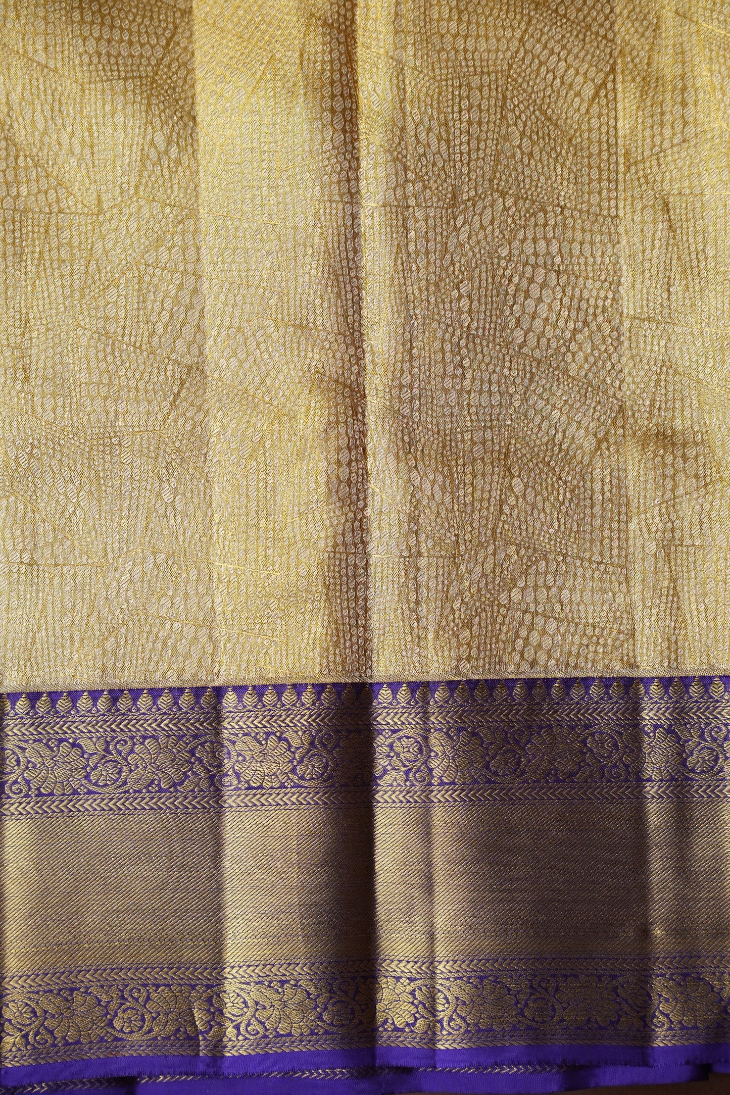 Geometric Pure Tissue Kanchipuram Silk Saree - Gold With Royal Purple & Gold Border| Silk Mark Certified