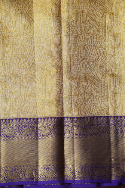 Geometric Pure Tissue Kanchipuram Silk Saree - Gold With Royal Purple & Gold Border| Silk Mark Certified