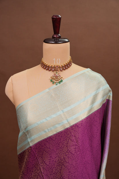 Kanchivaram Semi Silk Saree - Wine Floral with Aqua
