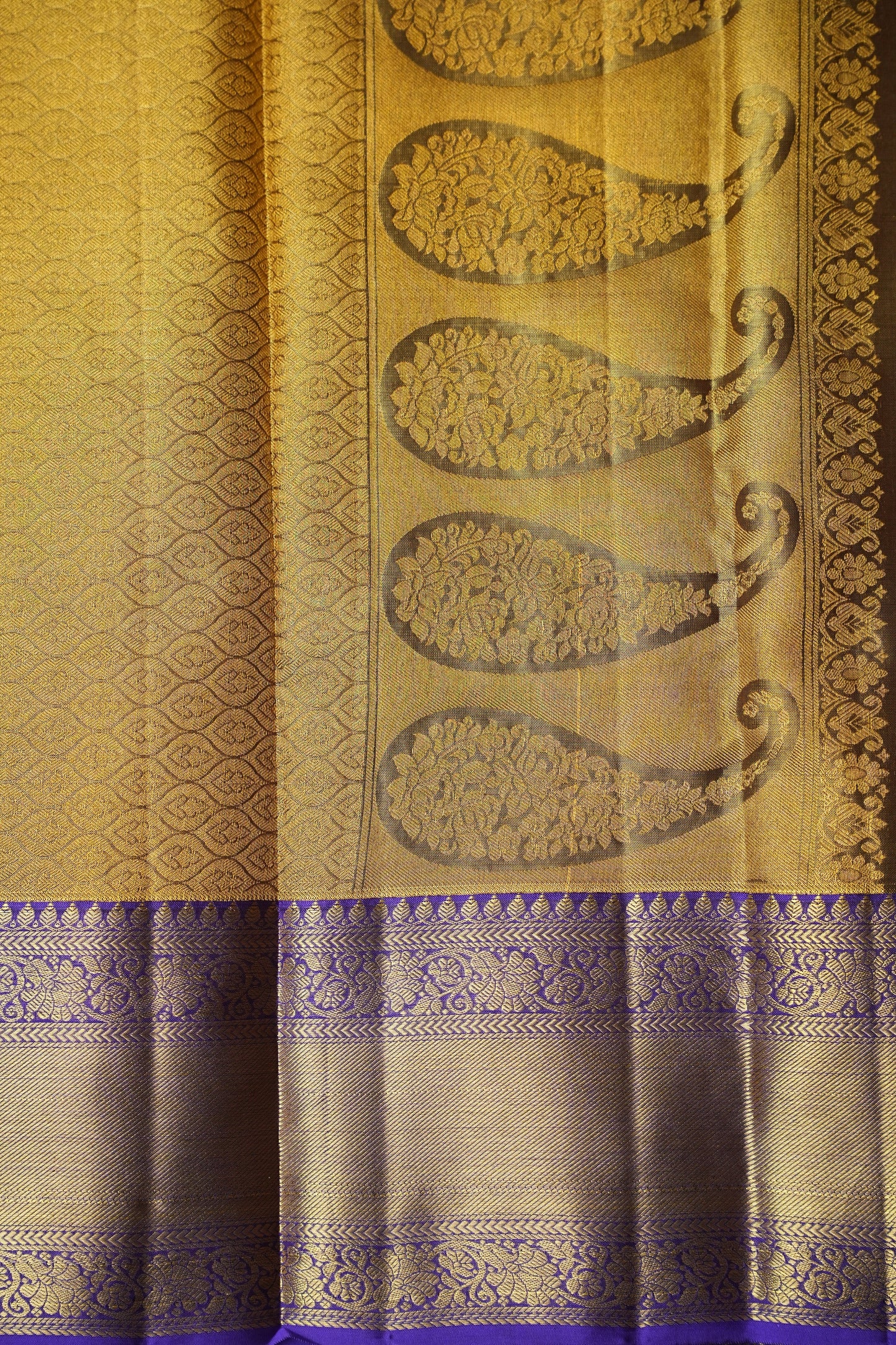 Geometric Pure Tissue Kanchipuram Silk Saree - Gold With Royal Purple & Gold Border| Silk Mark Certified
