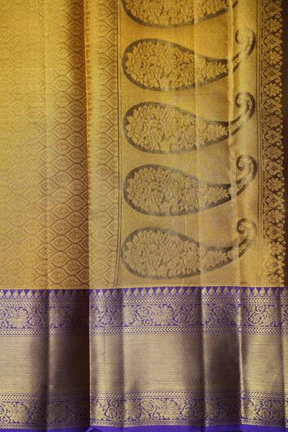 Geometric Pure Tissue Kanchipuram Silk Saree - Gold With Royal Purple & Gold Border| Silk Mark Certified