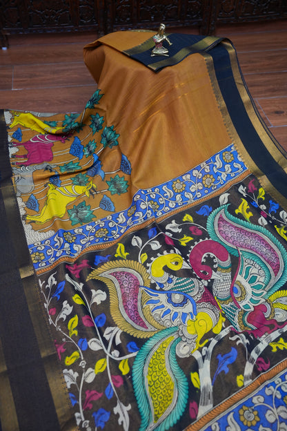 Handpainted Pen Kalamkari Bangalore Silk Saree – Brown & Black