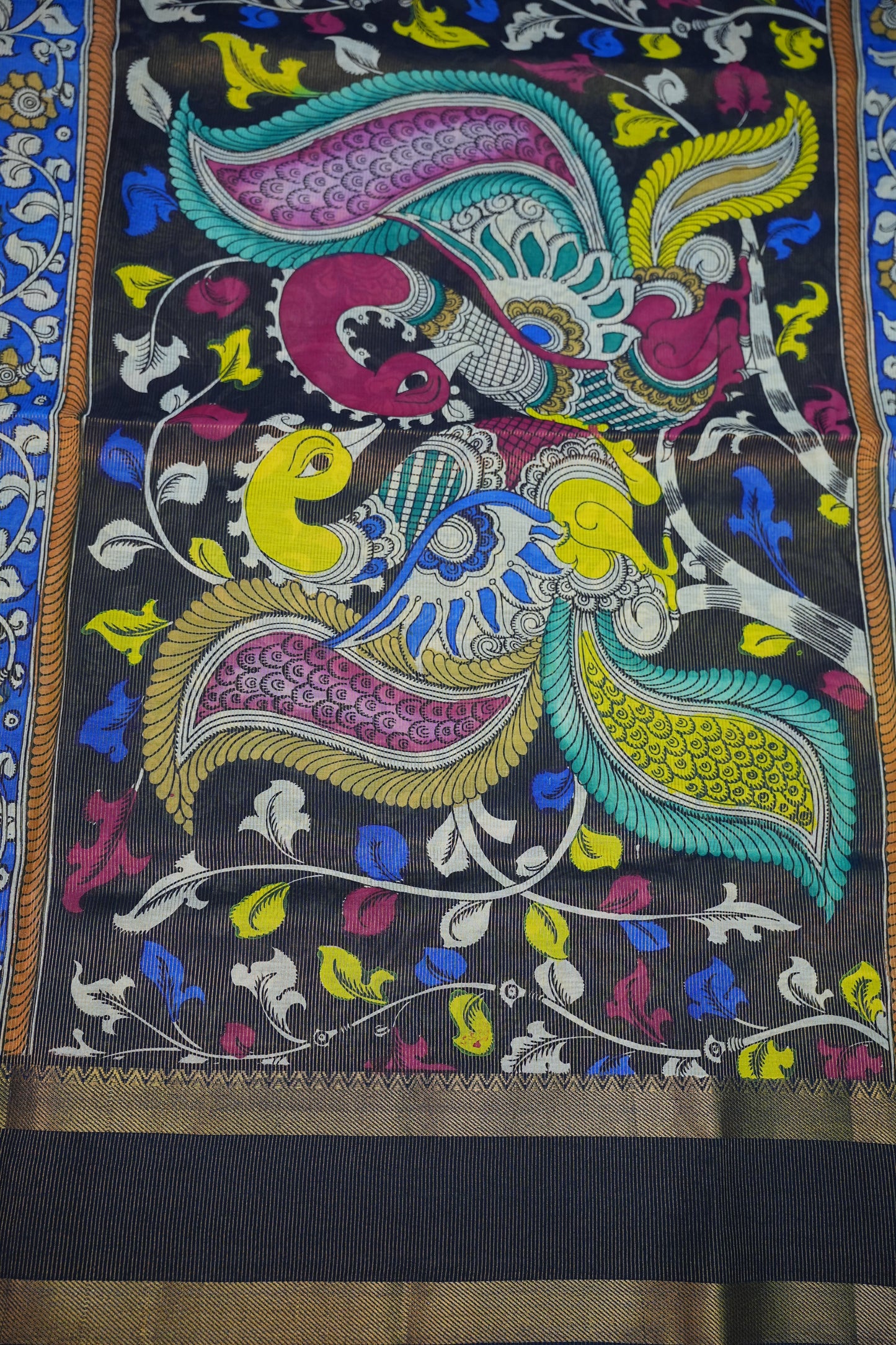 Handpainted Pen Kalamkari Bangalore Silk Saree – Brown & Black