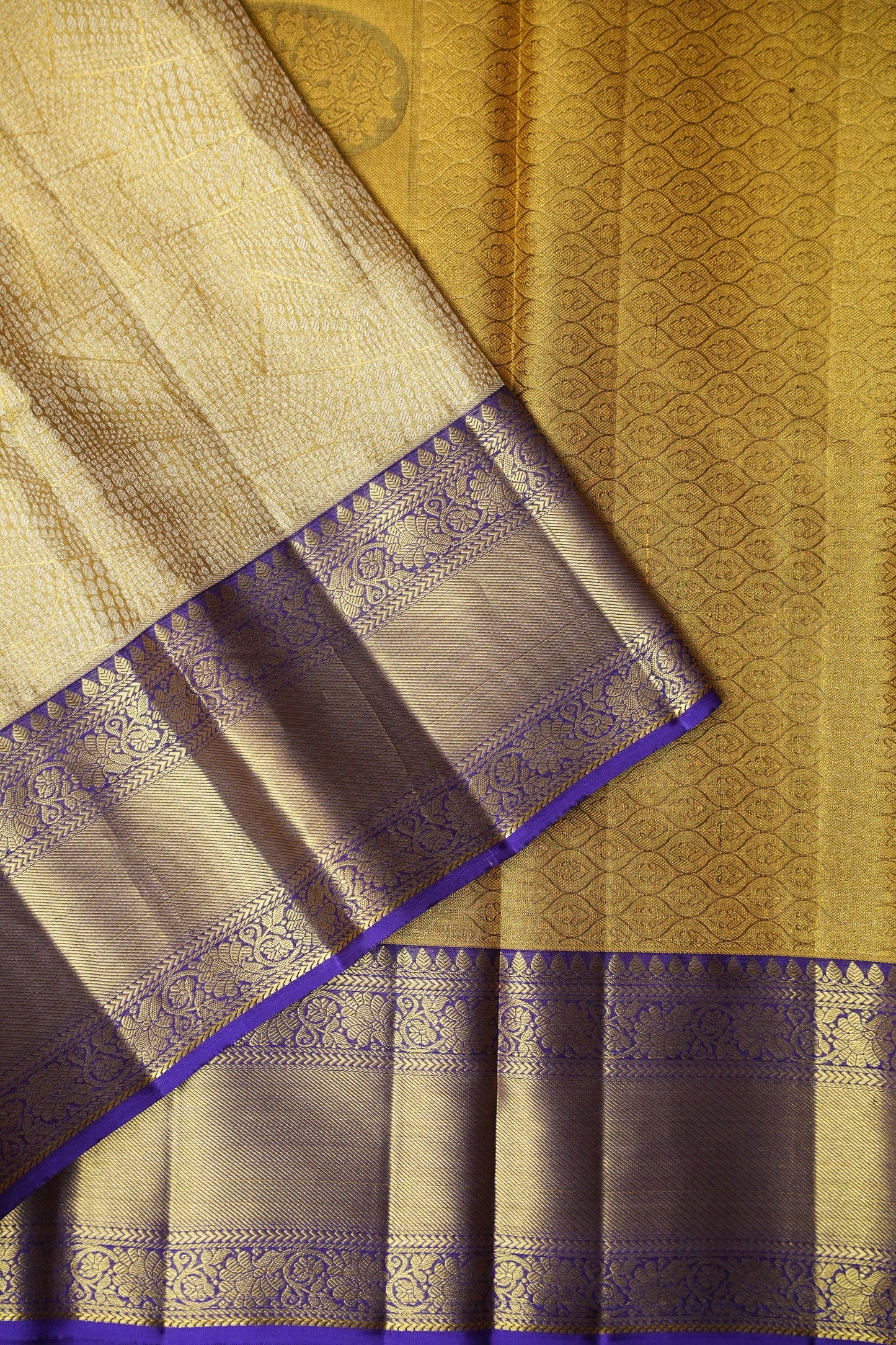 Geometric Pure Tissue Kanchipuram Silk Saree - Gold With Royal Purple & Gold Border| Silk Mark Certified