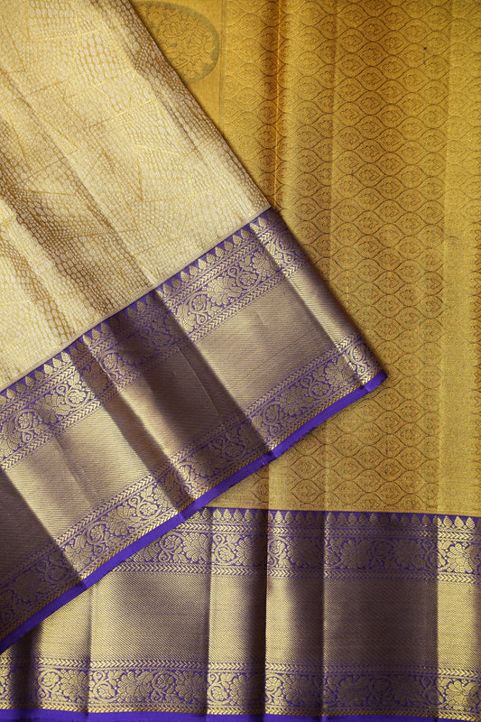 Geometric Pure Tissue Kanchipuram Silk Saree - Gold With Royal Purple & Gold Border| Silk Mark Certified