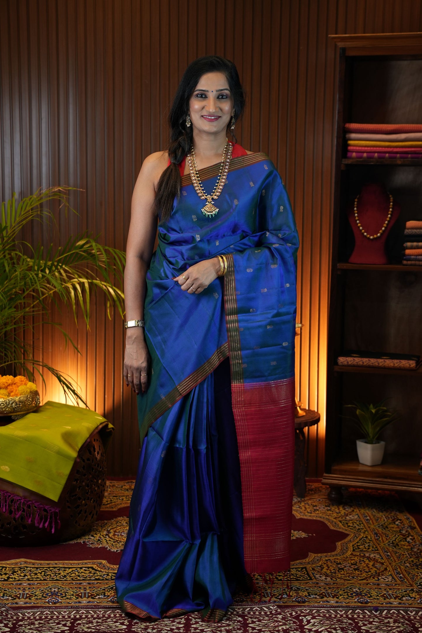 Pure Soft Silk Saree - Royal Blue & Red
