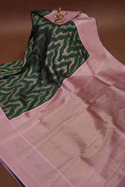 Kanchivaram Semi Silk Saree - Emerald Green with Baby Pink