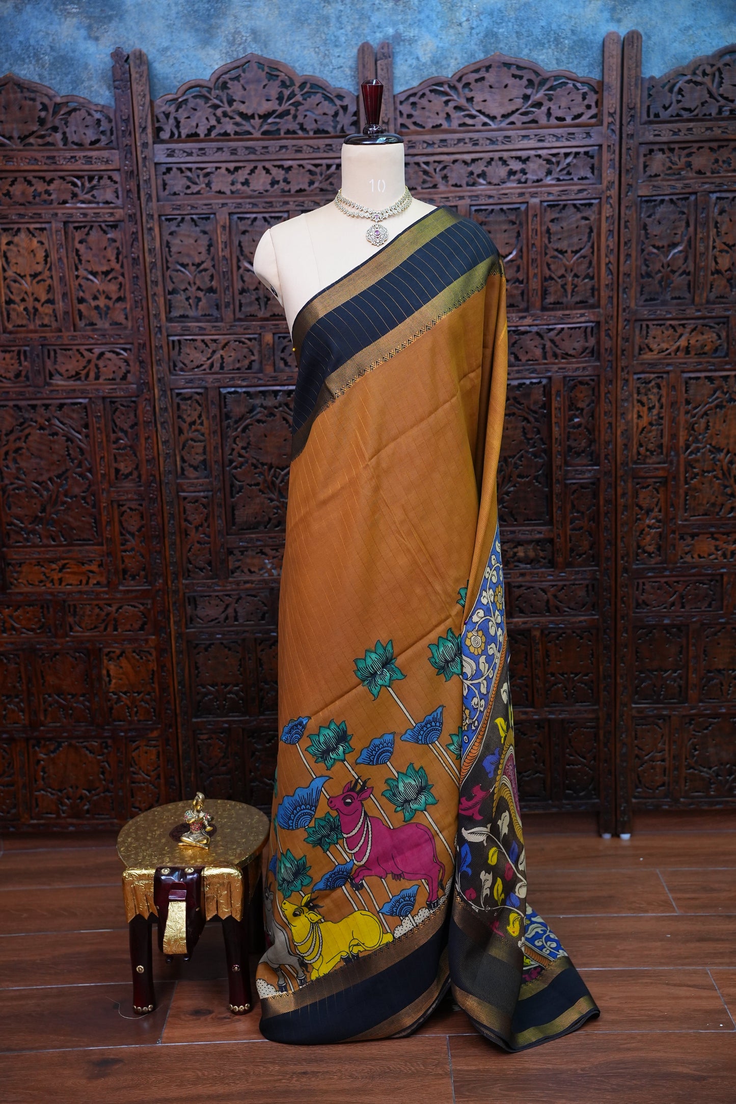 Handpainted Pen Kalamkari Bangalore Silk Saree – Brown & Black