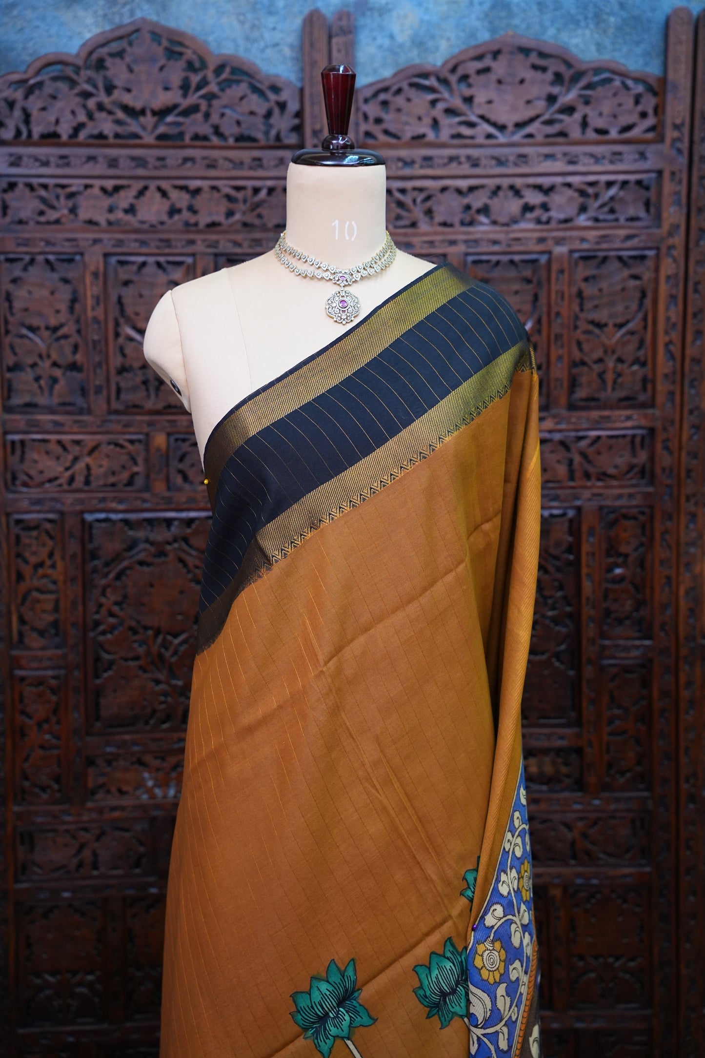 Handpainted Pen Kalamkari Bangalore Silk Saree – Brown & Black