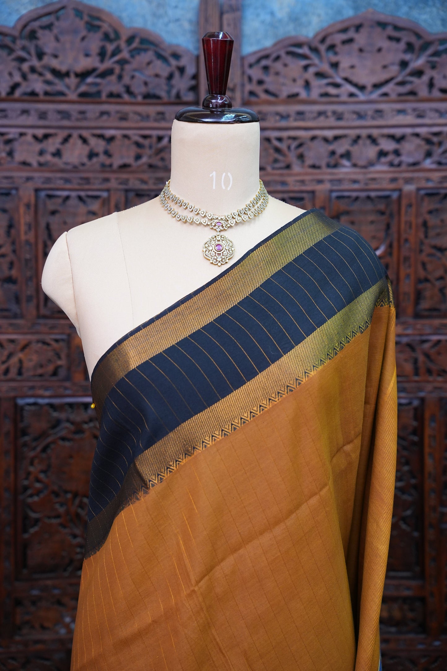 Handpainted Pen Kalamkari Bangalore Silk Saree – Brown & Black