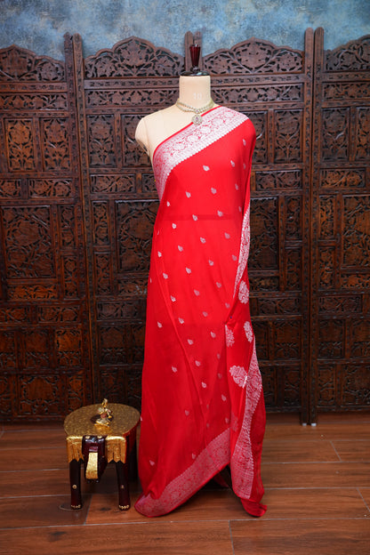 Pure Khaddi Chiffon Banarasi Silk Saree – Red |Silk Mark Certified